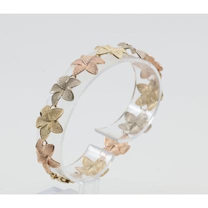 14K Tri Tone Gold Plumeria Hibiscus Flower Link Bracelet