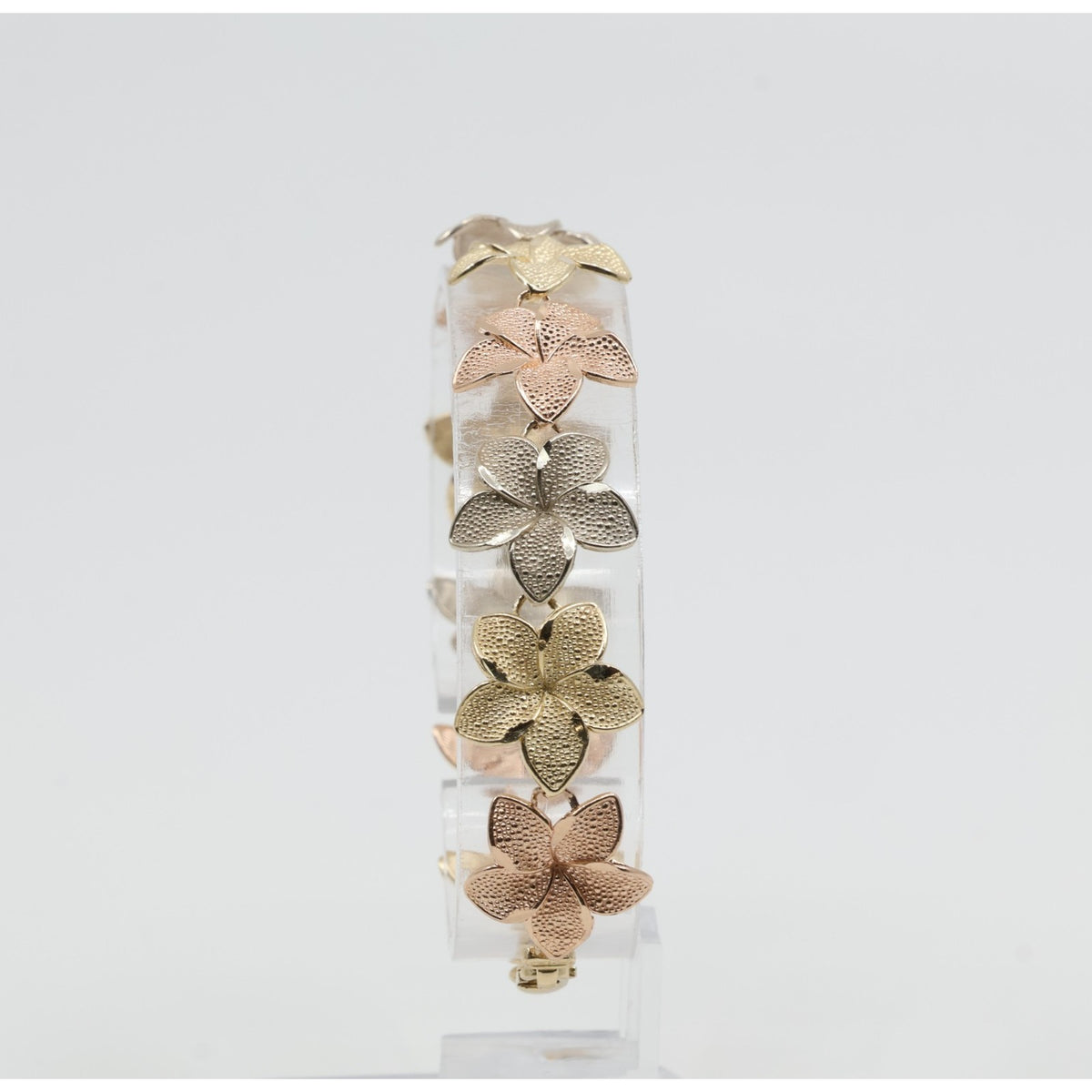 14K Tri Tone Gold Plumeria Hibiscus Flower Link Bracelet