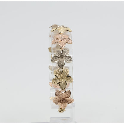 14K Tri Tone Gold Plumeria Hibiscus Flower Link Bracelet