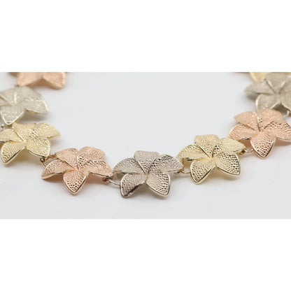 14K Tri Tone Gold Plumeria Hibiscus Flower Link Bracelet