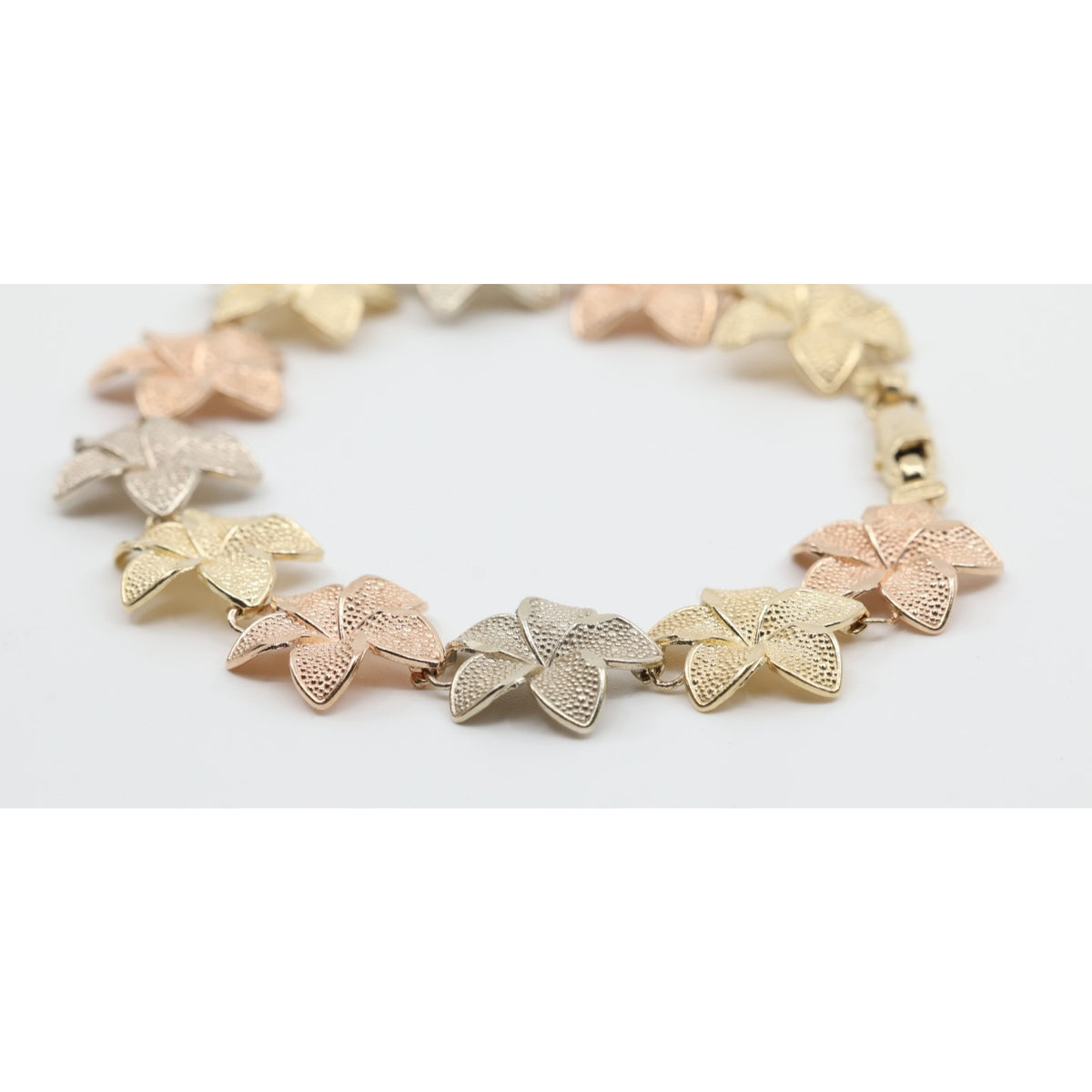 14K Tri Tone Gold Plumeria Hibiscus Flower Link Bracelet