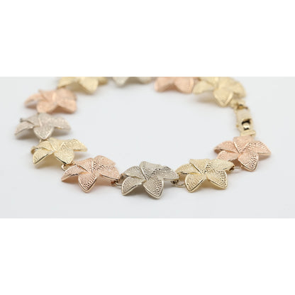 14K Tri Tone Gold Plumeria Hibiscus Flower Link Bracelet