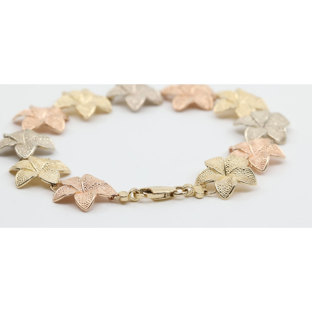 14K Tri Tone Gold Plumeria Hibiscus Flower Link Bracelet