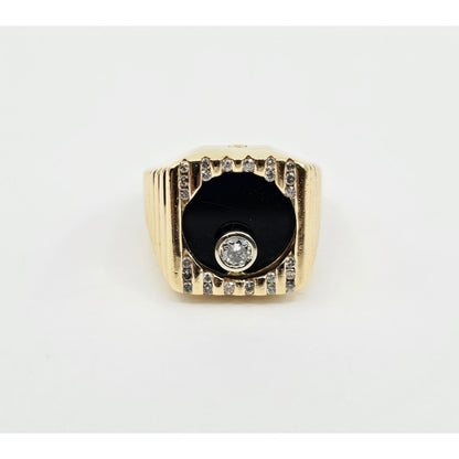 14K Yellow Gold Rotating Floating Moving Table Diamond & Onyx Ring
