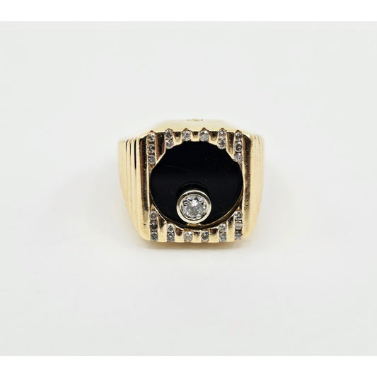 14K Yellow Gold Rotating Floating Moving Table Diamond & Onyx Ring