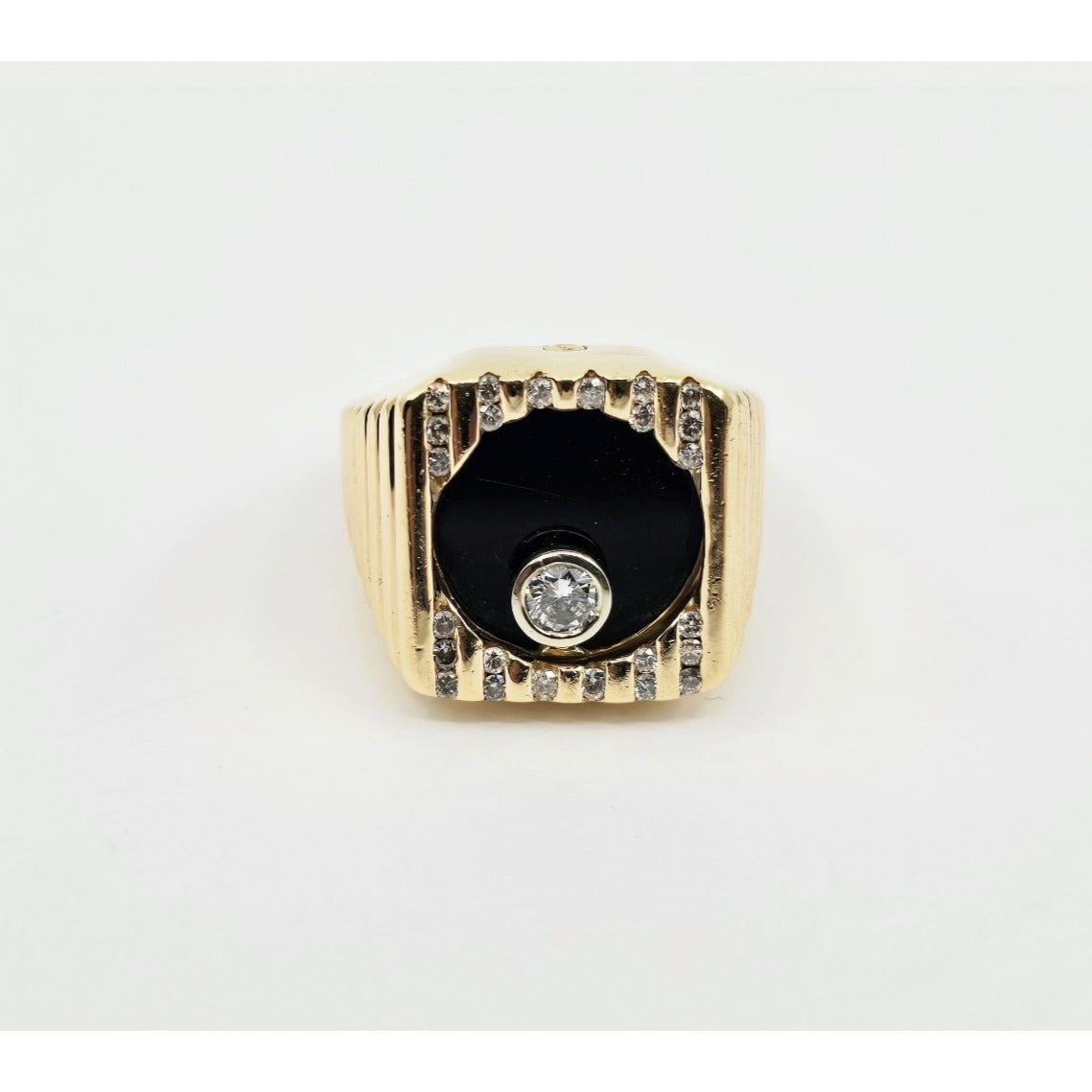 14K Yellow Gold Rotating Floating Moving Table Diamond & Onyx Ring