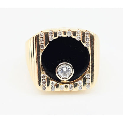 14K Yellow Gold Rotating Floating Moving Table Diamond & Onyx Ring