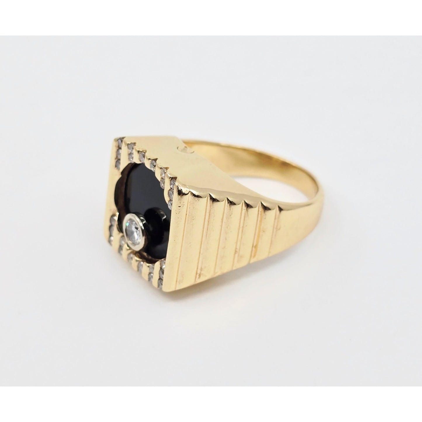 14K Yellow Gold Rotating Floating Moving Table Diamond & Onyx Ring