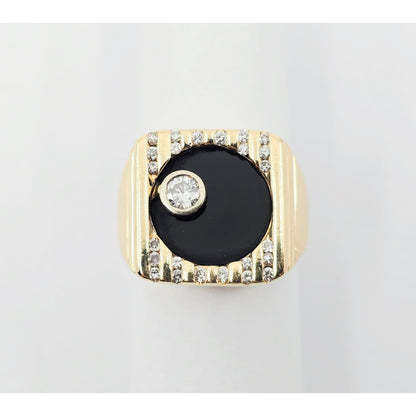 14K Yellow Gold Rotating Floating Moving Table Diamond & Onyx Ring