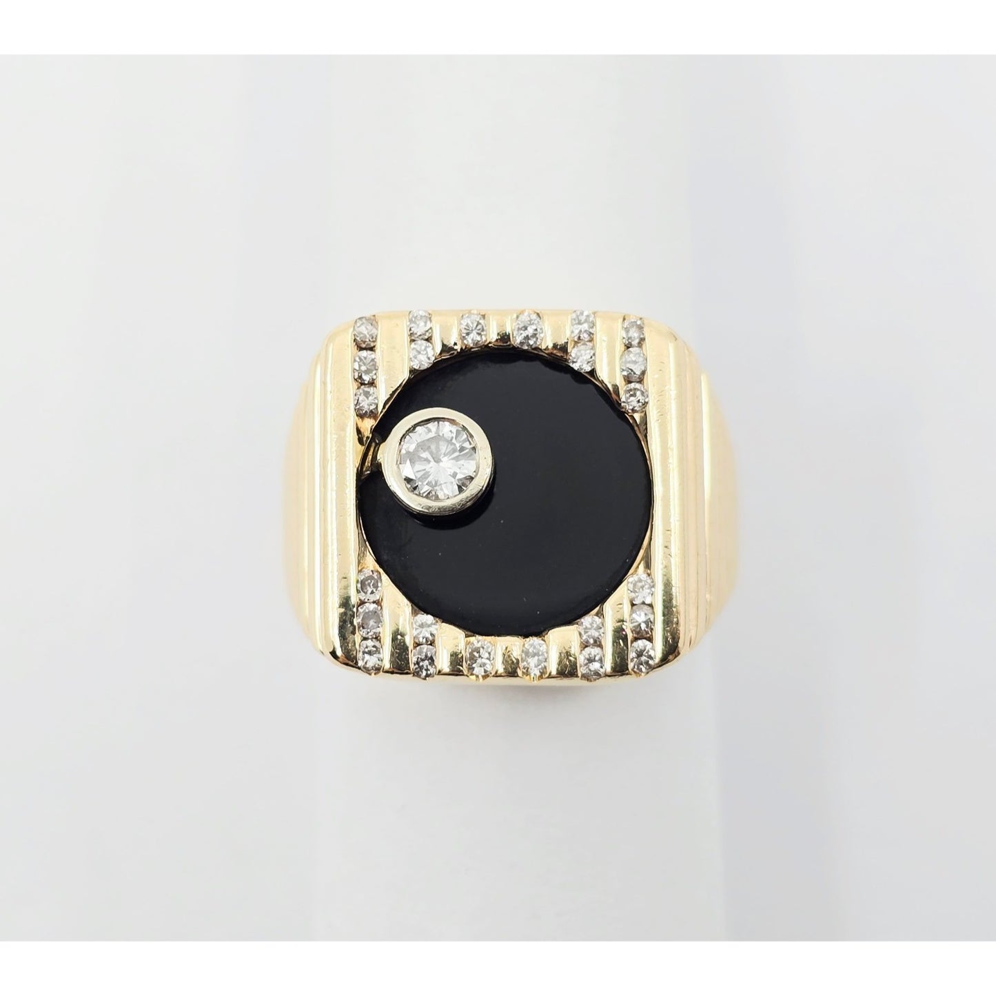14K Yellow Gold Rotating Floating Moving Table Diamond & Onyx Ring