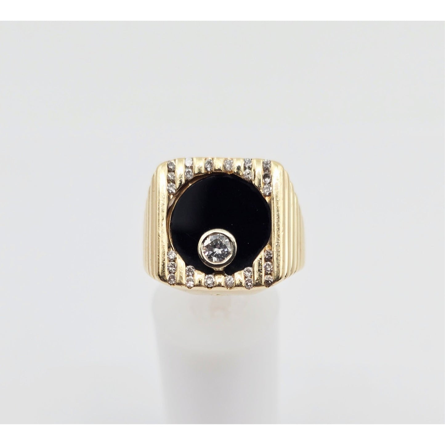 14K Yellow Gold Rotating Floating Moving Table Diamond & Onyx Ring
