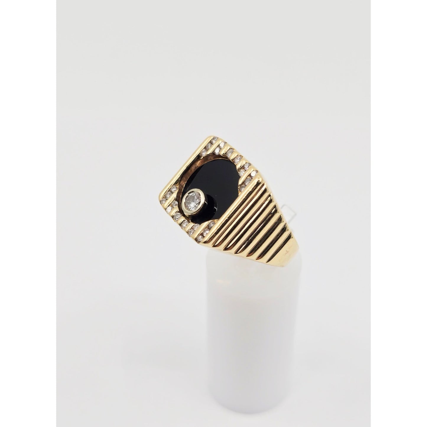 14K Yellow Gold Rotating Floating Moving Table Diamond & Onyx Ring