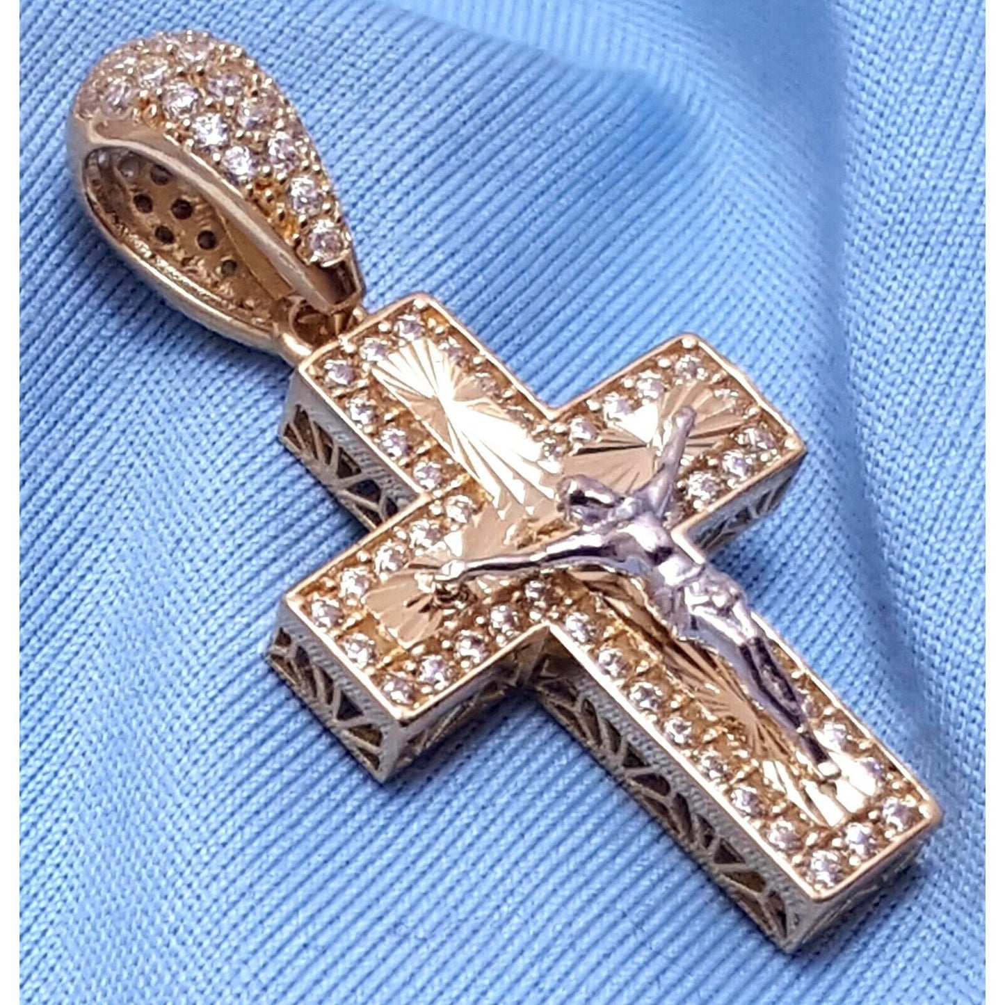 14K Two Tone Gold Religious Jesus Cubic Zirconia Cross Charm Pendant