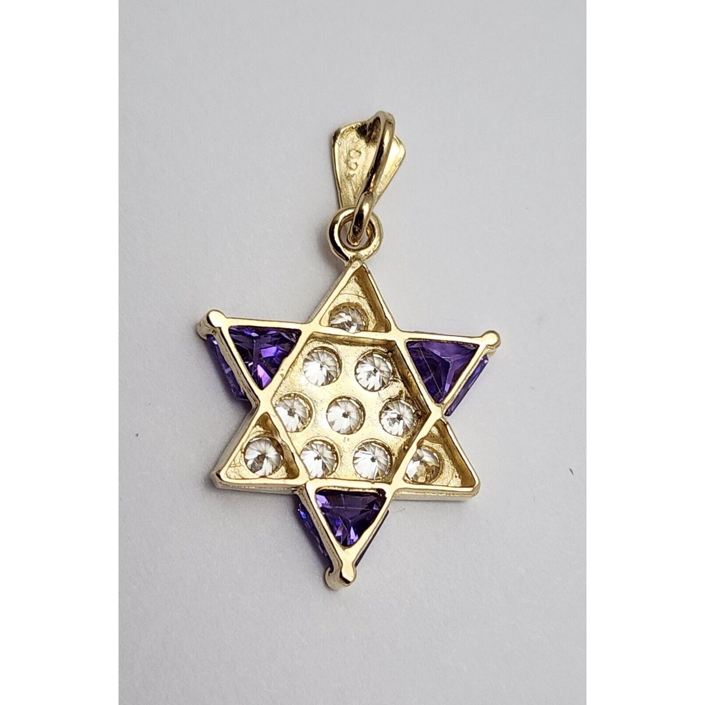 14K Two Tone Gold Star of David CZ & Amethyst Charm Pendant