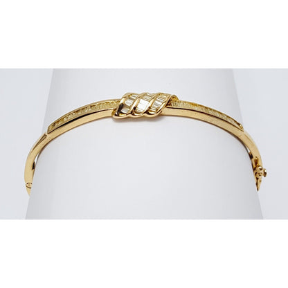 14K Solid Yellow Gold Spiral Baguette Diamond Bangle Bracelet