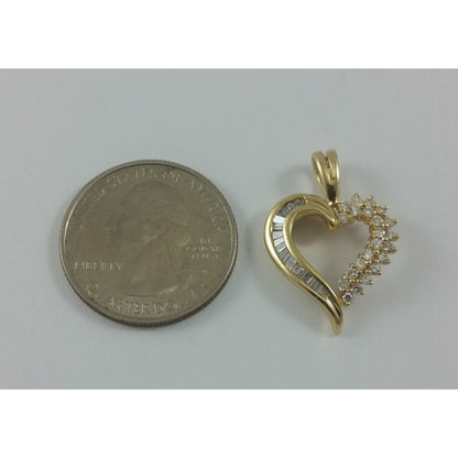 14K Solid Yellow Gold Open Heart Round & Baguette Diamond Charm Pendant