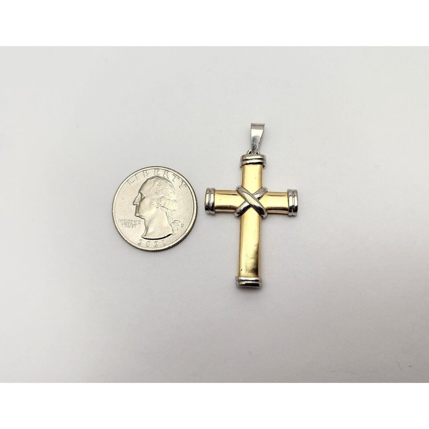 14K Solid Two Tone Gold Religious Cross Charm Pendant