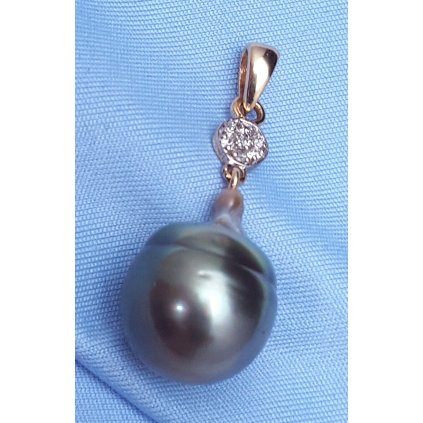 14K Solid Yellow Gold Drop Dangle Tahitian Pearl & Diamond Charm Pendant