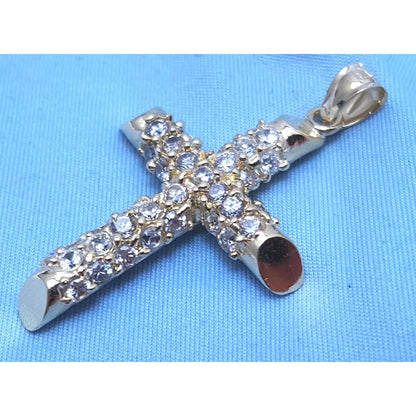 14K Solid Yellow Gold Religious Cubic Zirconia Cross Charm Pendant