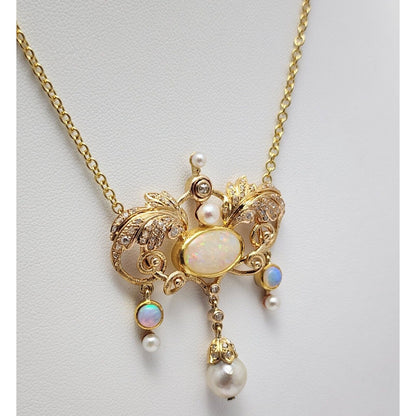 Vintage 18K Yellow Gold Opal, Pearl & Diamond Choker Link Chain Necklace