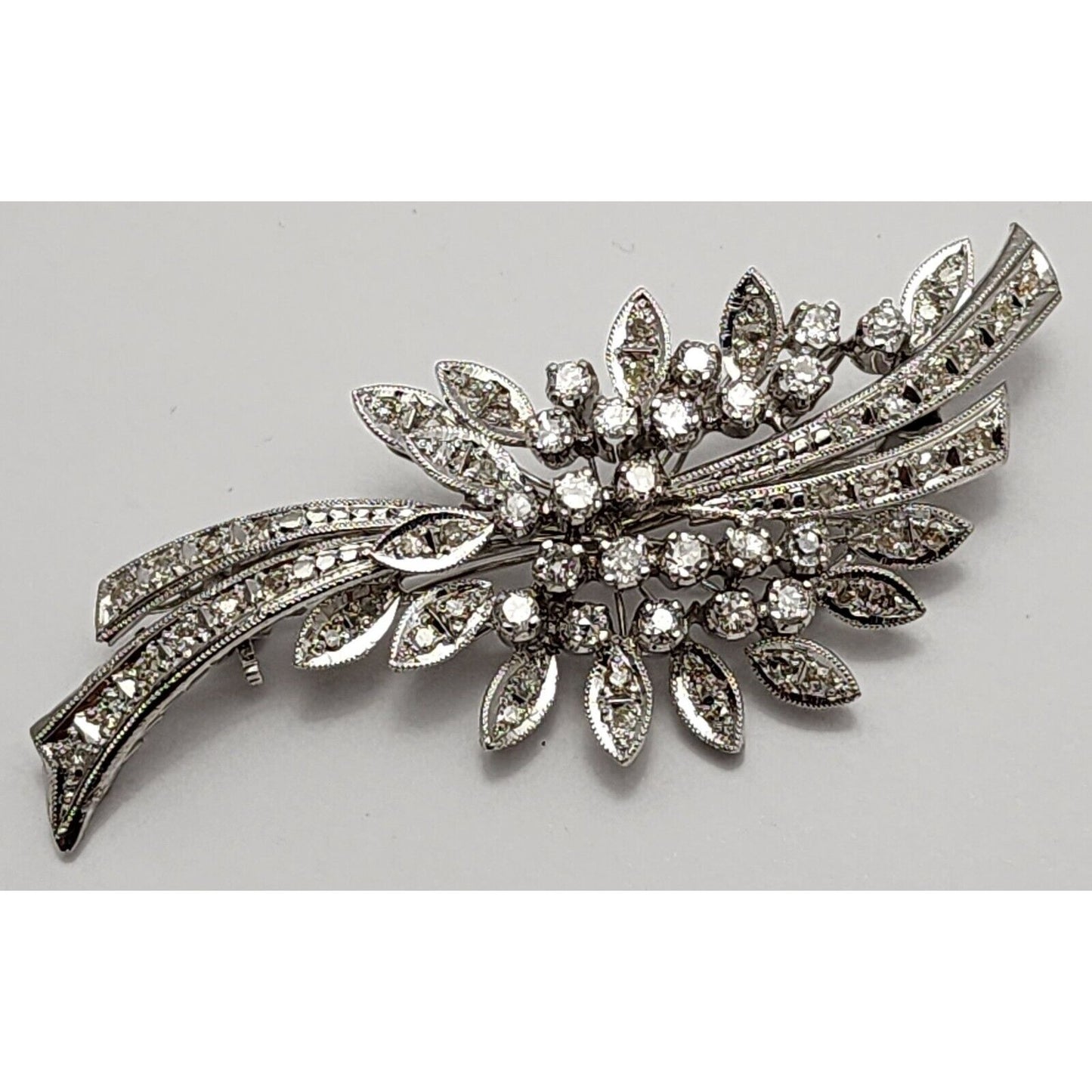 Vintage 10K White Gold Flowers Leaf Old Cut Diamond Brooch Pin