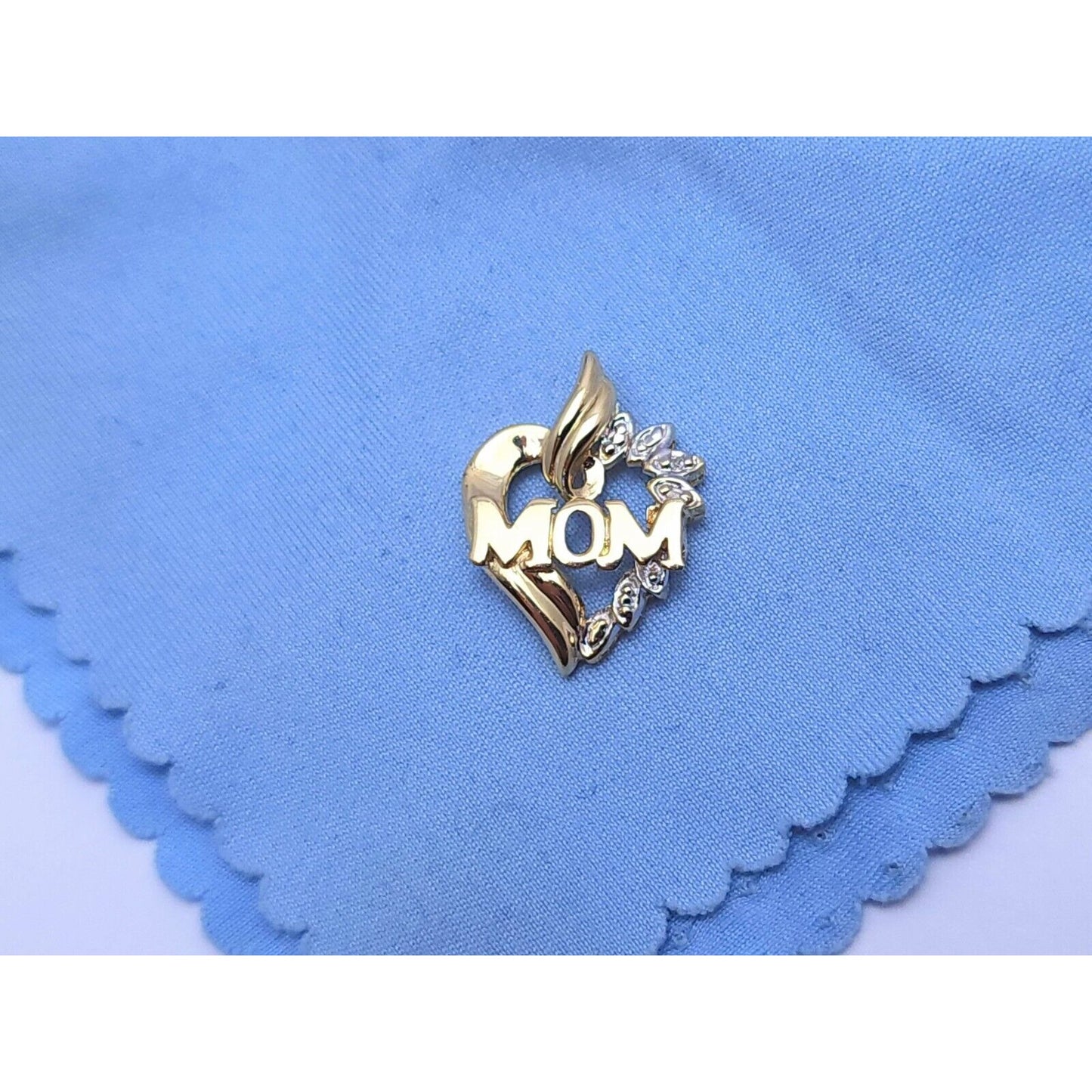 10K Two Tone Gold Diamond Heart Initial "Mom" Charm Pendant