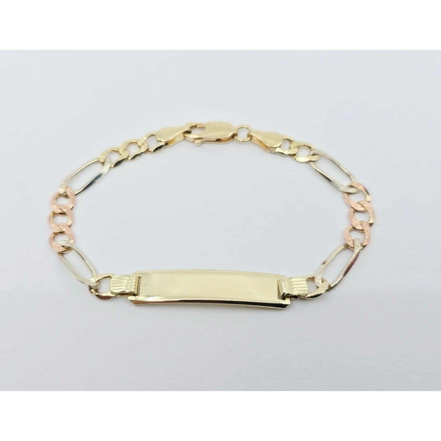 14K Tri Tone Gold Figaro Link ID Bracelet