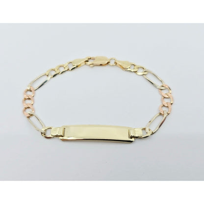 14K Tri Tone Gold Figaro Link ID Bracelet