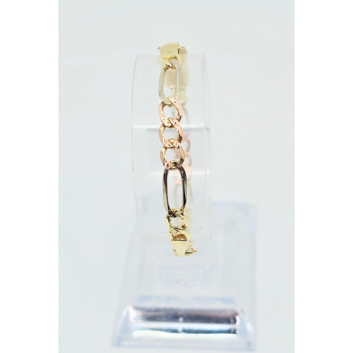 14K Tri Tone Gold Figaro Link ID Bracelet