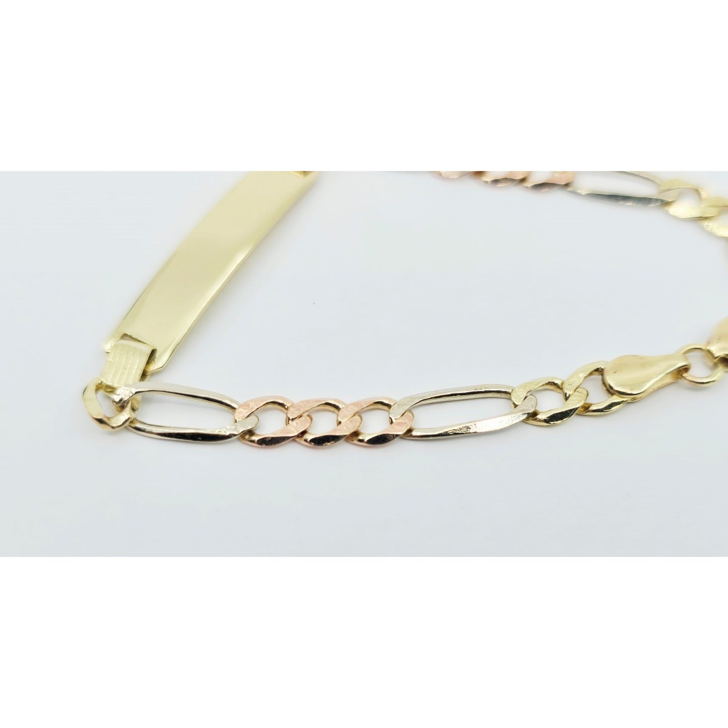 14K Tri Tone Gold Figaro Link ID Bracelet