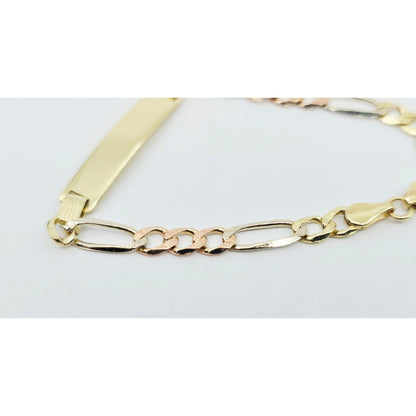 14K Tri Tone Gold Figaro Link ID Bracelet