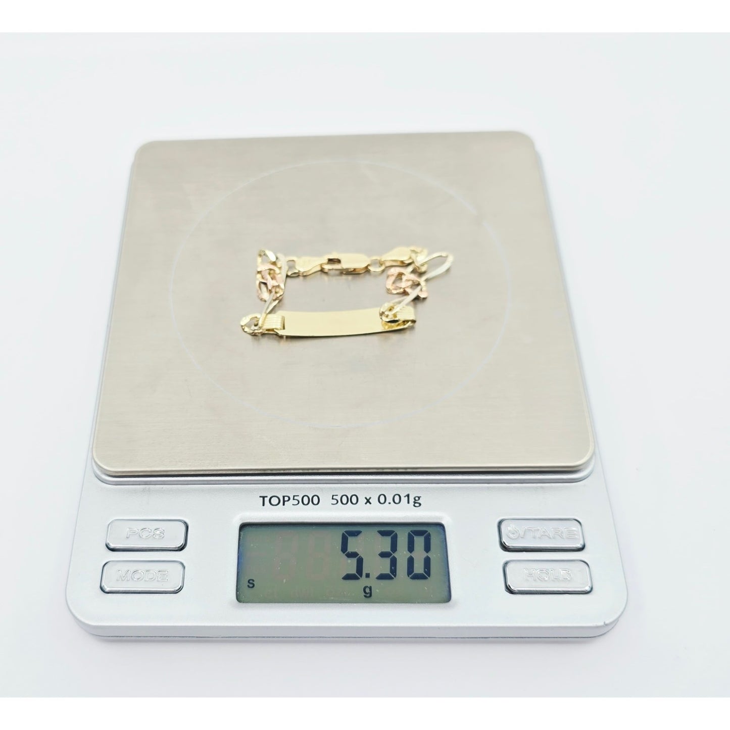 14K Tri Tone Gold Figaro Link ID Bracelet