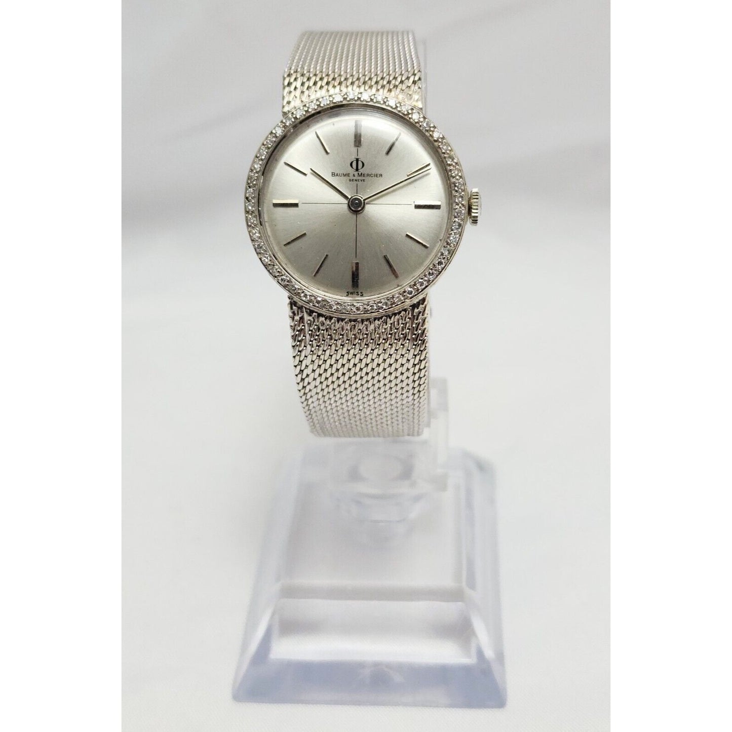 Vintage Baume Mercier 14k White Gold & Diamond Bezel Mesh Ladies Winding Watch