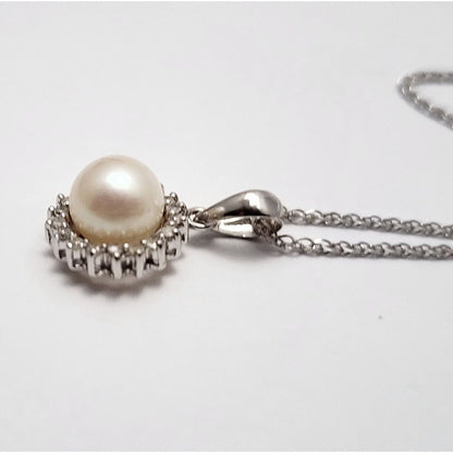 14K White Gold Pearl & Diamond Charm Pendant Link Chain Necklace