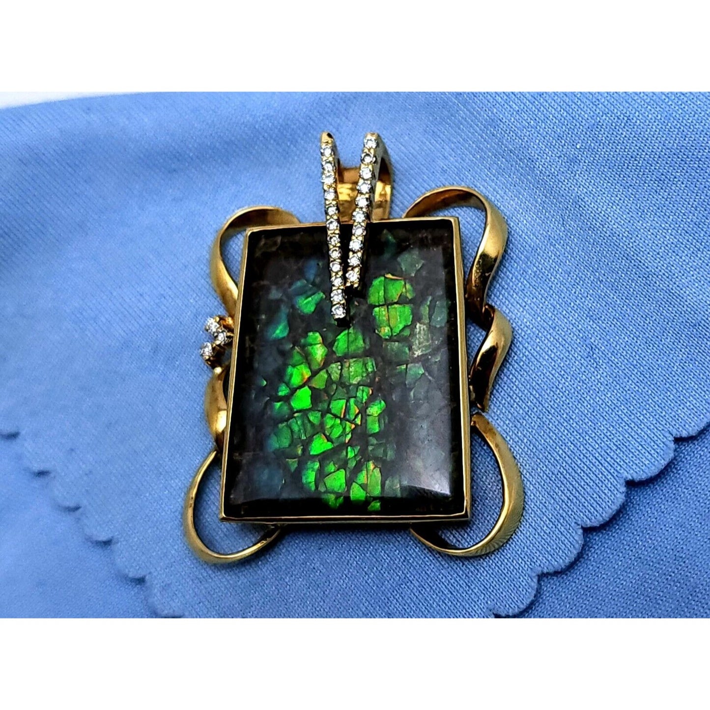 18K Solid Yellow Gold Green Ammolite Fossil & Diamond Charm Pendant