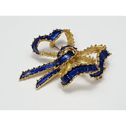 Vintage Victorian Tiffany & Co 18K Solid Yellow Gold Blue Enamel Bow Brooch Pin