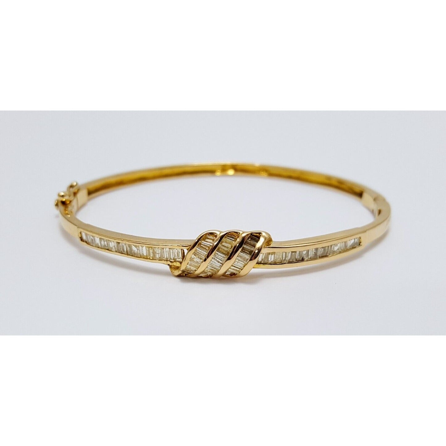 14K Solid Yellow Gold Spiral Baguette Diamond Bangle Bracelet