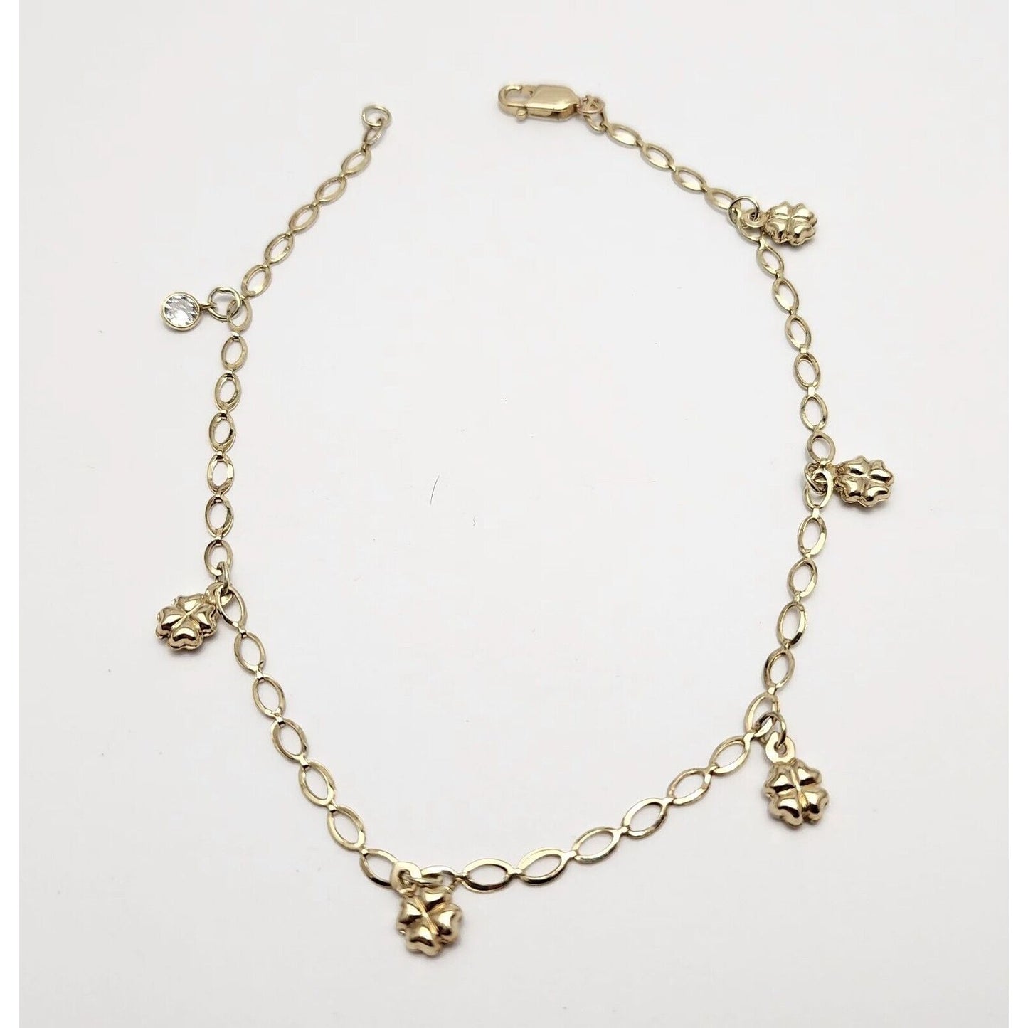 14K Solid Yellow Gold Four Leaf Clover Lucky Link Chain Anklet Bracelet