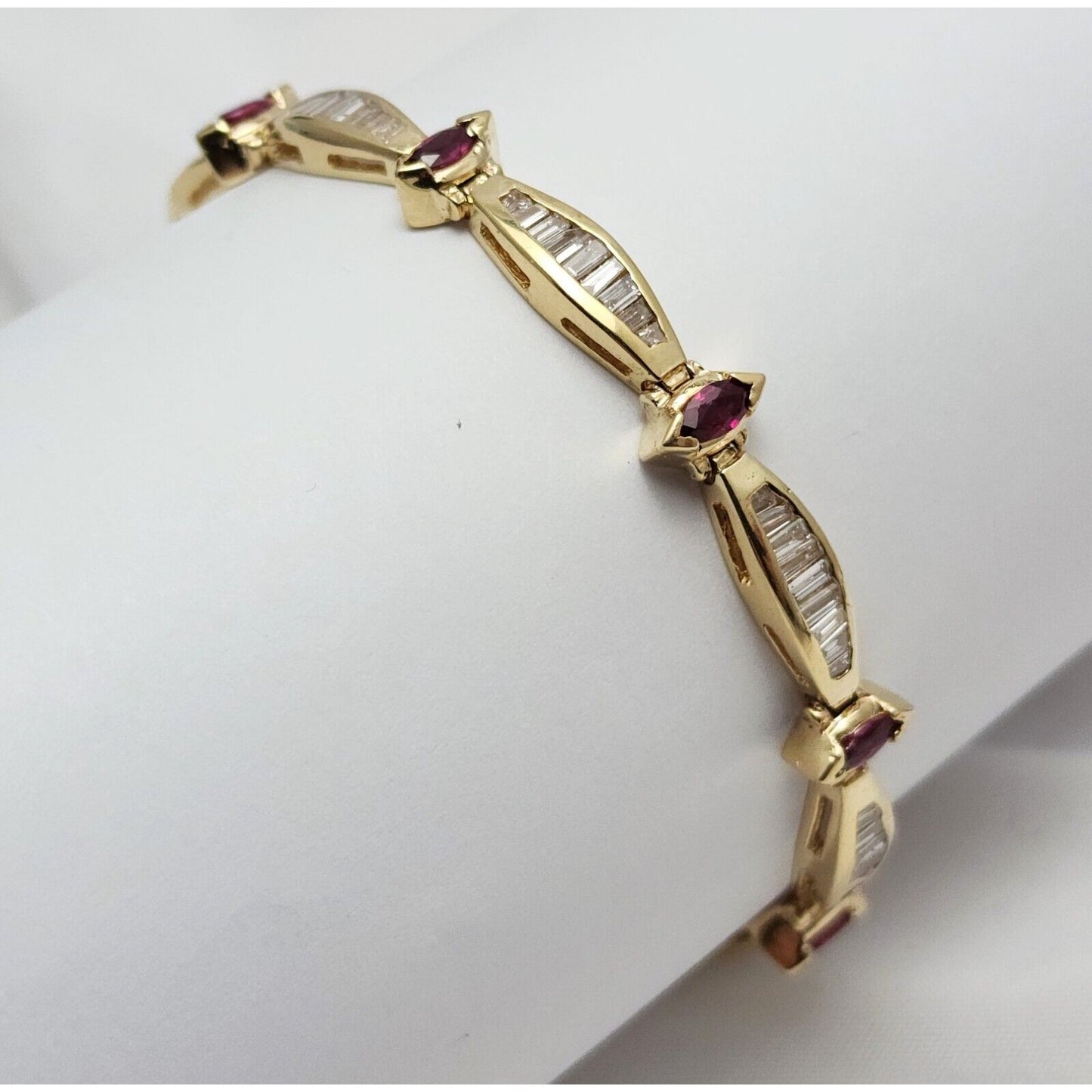 14K Solid Yellow Gold Designer Ruby & Diamond Tennis Link Bracelet