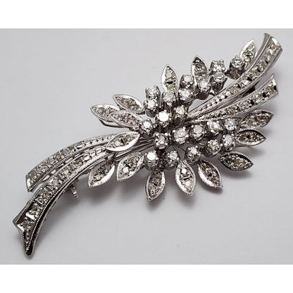 Vintage 10K White Gold Flowers Leaf Old Cut Diamond Brooch Pin