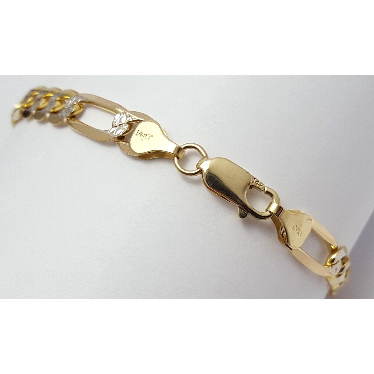 14K Solid Multi Tone Gold Diamond Cut Figaro Link Bracelet