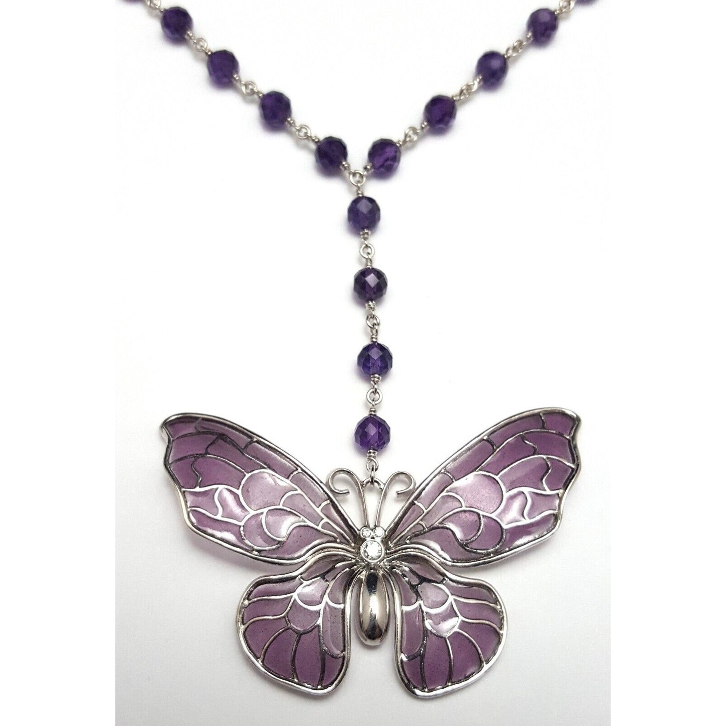 Tiffany & Co 18K White Gold Amethyst Diamond Enamel Butterfly Pendant Necklace