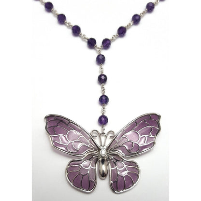 Tiffany & Co 18K White Gold Amethyst Diamond Enamel Butterfly Pendant Necklace