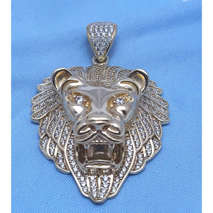 10K Solid Yellow Gold 3D Cubic Zirconia Lion Head Charm Pendant