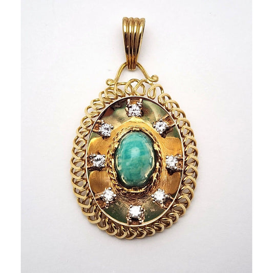 18K Solid Yellow Gold Diamond & Green Cabochon Gemstone Charm Pendant