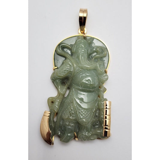 Large 14K Yellow Gold Green Jadeite Jade Guan Yu Guan Gong Carved Charm Pendant