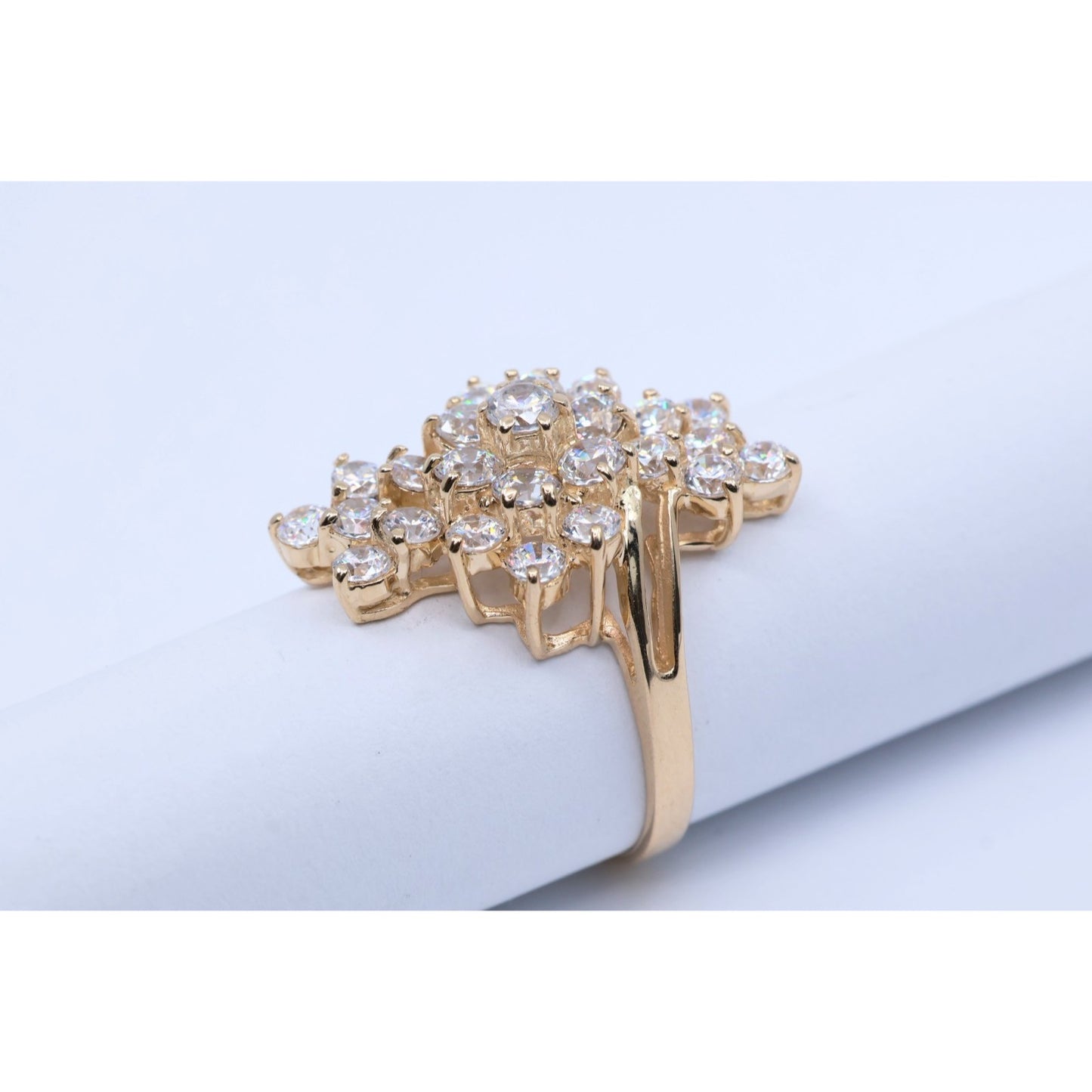 14K Yellow Gold CZ Cluster Statement Ring