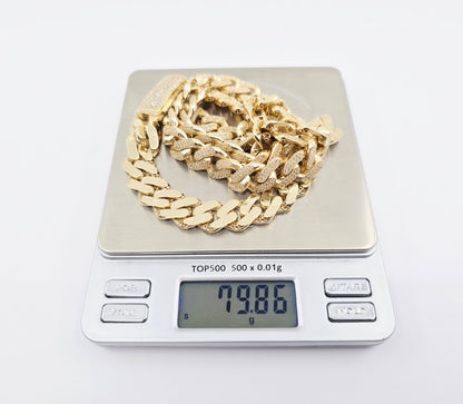 Large 14K Yellow Gold Cuban Link CZ Chain Necklace