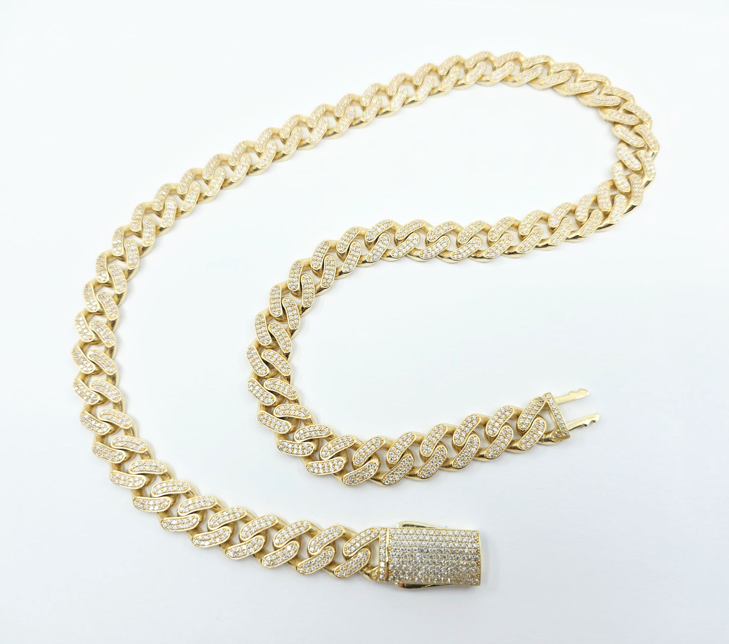 Large 14K Yellow Gold Cuban Link CZ Chain Necklace