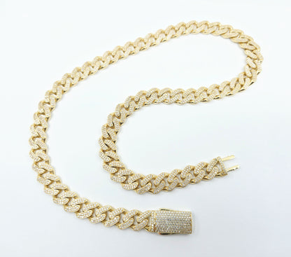 Large 14K Yellow Gold Cuban Link CZ Chain Necklace